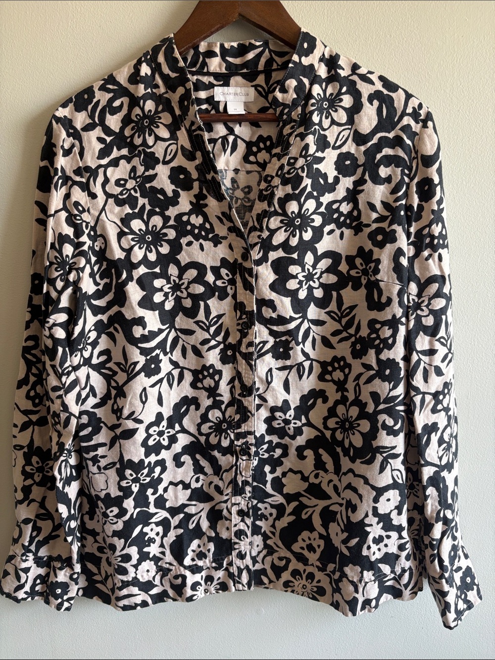 Charter Club 100% Linen Floral Popover Blouse Black Beige Size 14
